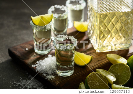Tequila with sea salt and lime slices on a old cutting board. 129657113