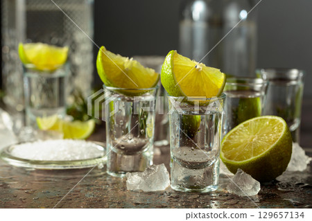 Tequila with lime, sea salt, and crushed ice. 129657134