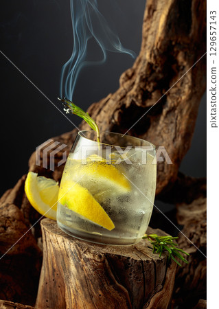 Cocktail gin and tonic with lemon slices and sprig of rosemary. Cocktail gin and tonic with lemon slices and sprig of rosemary. 129657143