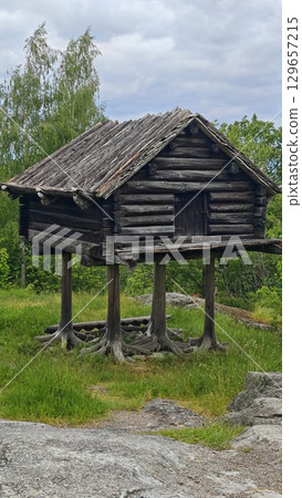 Old wooden cabin on stilts standing in a green forest clearing under a cloudy sky Old wooden cabin on stilts standing in a green forest clearing under a cloudy sky 129657215