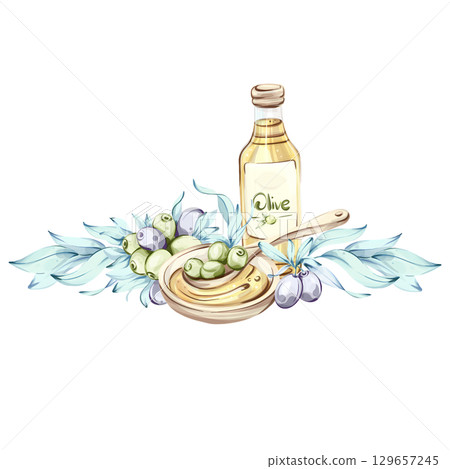 Olives and olive oil in a watercolor illustration inspired by Italian cuisine and nature's beauty frame, border, arrangement 129657245