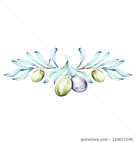 Delicate watercolor illustration of olives and olive oil inspired by Italian cuisine and nature frame, border, arrangement Delicate watercolor illustration of olives and olive oil inspired by Italian cuisine and nature frame, border, arrangement 129657246