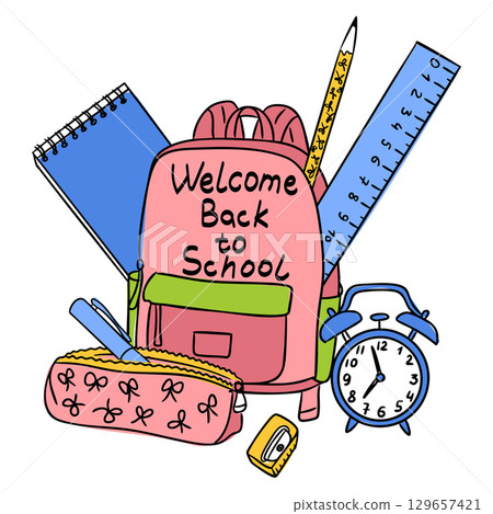 Hand drawn vector illustration of school supplies with backpack, notebook, ruler, pencil, and alarm clock 129657421