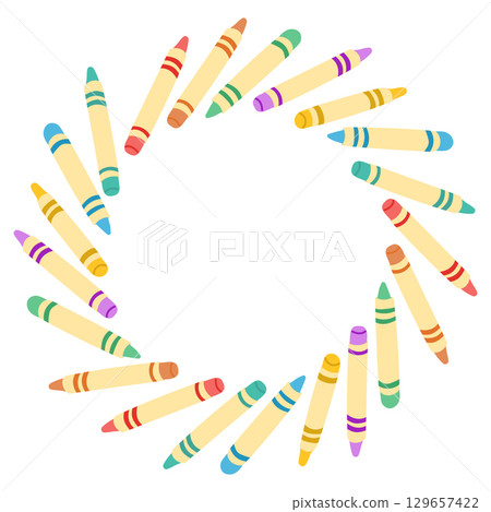 Hand drawn vector illustration of colorful crayons arranged in a circular wreath shape with empty center 129657422
