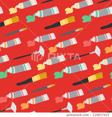 Hand drawn vector seamless pattern with paintbrushes and paint tubes in red, yellow, green, and orange on red background 129657425