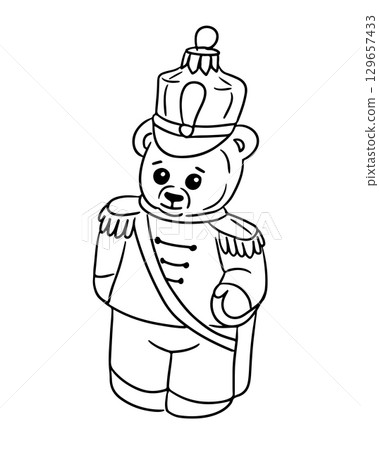 Hand drawn vector illustration of a teddy bear dressed as a nutcracker soldier with decorative uniform and tall hat 129657433