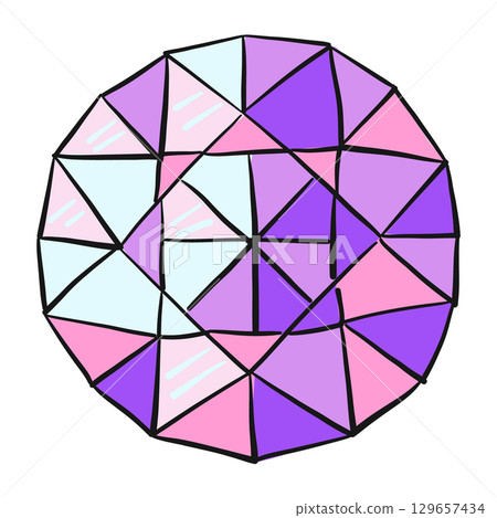 Hand drawn vector illustration of a round faceted crystal with geometric shapes in pastel purple, pink and blue Hand drawn vector illustration of a round faceted crystal with geometric shapes in pastel purple, pink and blue 129657434