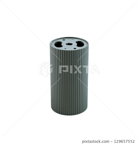 Gray cylindrical universal ceiling light fixture for GU10 base lamp, ribbed metal housing, isolated on white background. Gray cylindrical universal ceiling light fixture for GU10 base lamp, ribbed metal housing, isolated on white background. 129657552