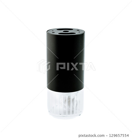 Modern universal light fixture compatible with GU10 bulb base, featuring a sleek black cylindrical body and transparent lower section on white background. Modern universal light fixture compatible with GU10 bulb base, featuring a sleek black cylindrical body and transparent lower section on white background. 129657554