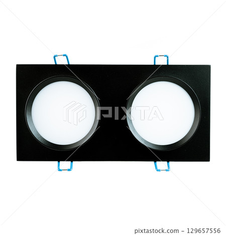 Black double round recessed ceiling spotlight, isolated on white background, modern lighting fixture for home, office, or commercial interiors. Black double round recessed ceiling spotlight, isolated on white background, modern lighting fixture for home, office, or commercial interiors. 129657556