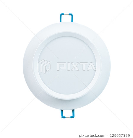 White round recessed light fixture for GX53 bulb, isolated on white background, perfect for modern interior lighting and product photography. White round recessed light fixture for GX53 bulb, isolated on white background, perfect for modern interior lighting and product photography. 129657559