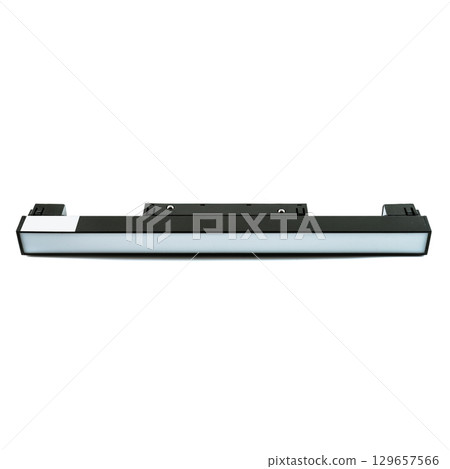Modern black horizontal linear ceiling light with frosted diffuser, isolated on white background, ideal for stylish interior lighting projects. 129657566
