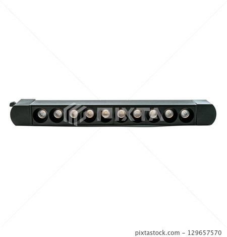 Modern multi-spot LED light bar with sleek black housing, featuring nine round bulbs, positioned diagonally on a white background. 129657570