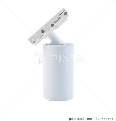White single phase track light fixture for GU10 lamp, isolated on a white background, modern and adjustable design for versatile interior lighting. White single phase track light fixture for GU10 lamp, isolated on a white background, modern and adjustable design for versatile interior lighting. 129657573