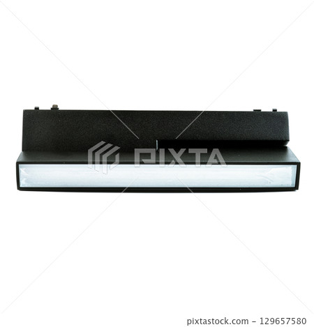 Black rectangular ceiling spotlight lying horizontally, isolated on white background, stylish fixture for modern interiors and lighting projects. Black rectangular ceiling spotlight lying horizontally, isolated on white background, stylish fixture for modern interiors and lighting projects. 129657580