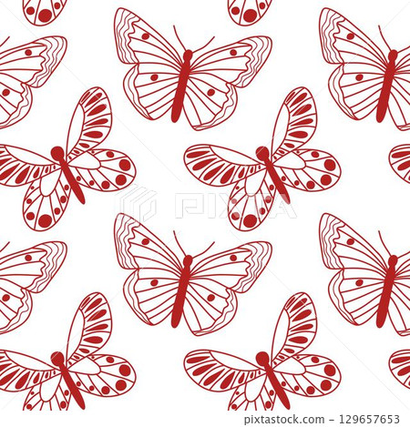 Red Butterfly Pattern on White Background with Decorative Details Red Butterfly Pattern on White Background with Decorative Details 129657653