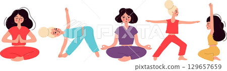 Diverse Women Practicing Yoga and Meditation in Various Relaxing Poses 129657659