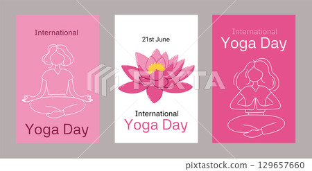 Illustration Representing International Yoga Day with Abstract Figures and Lotus Flower 129657660