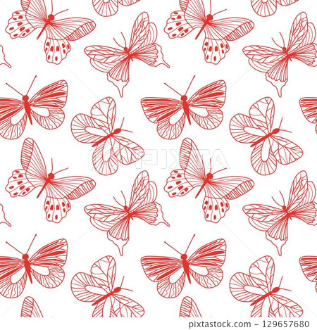 Seamless Pattern of Decorative Red Butterflies on a White Background 129657680