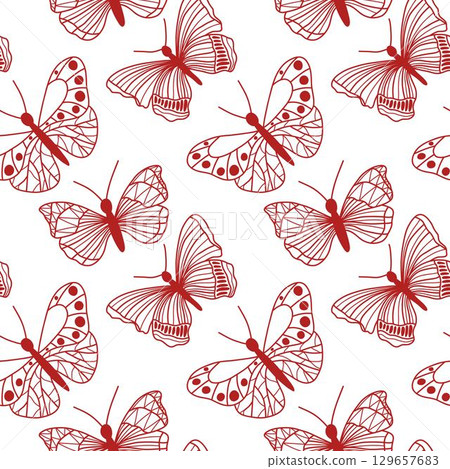 Seamless Red Butterfly Pattern on White Background 129657683