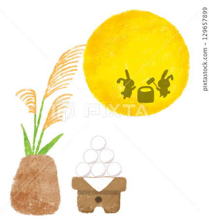 可愛的賞月插畫 - 月亮、兔子、蒲葦和餃子 - 月圓之夜 - 蠟筆畫 129657899
