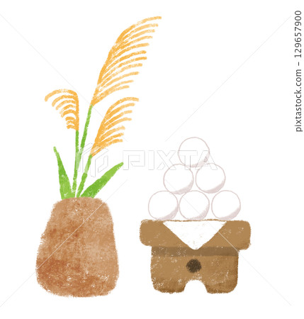 Cute illustration of moon viewing - dumplings and pampas grass, full moon, crayon drawing 129657900