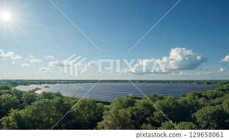 A large solar farm with many solar panels 129658061