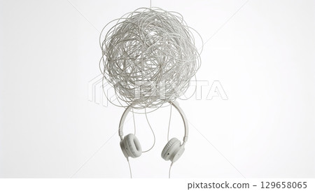 A pair of headphones with tangled wires hanging from them 129658065