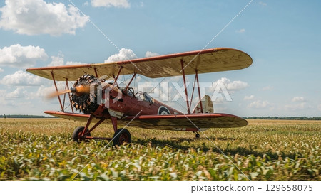 A red and white airplane is sitting on a field 129658075