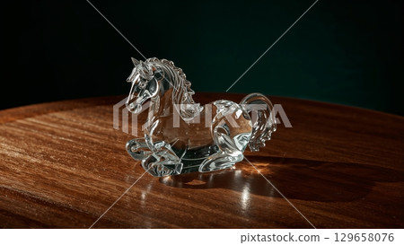 A horse figurine is sitting on a wooden table 129658076
