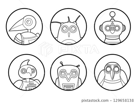 Vector illustration of contour cartoon robot birds in round icons. monochrome outline birds clip arts Vector illustration of contour cartoon robot birds in round icons. monochrome outline birds clip arts 129658138