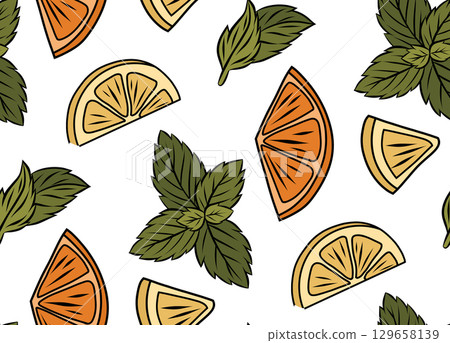 Vector seamless pattern with hand drawn orange and lemon slices and mint leaves. Citrus fruit and peppermint foliage texture. Cocktail Vector seamless pattern with hand drawn orange and lemon slices and mint leaves. Citrus fruit and peppermint foliage texture. Cocktail 129658139
