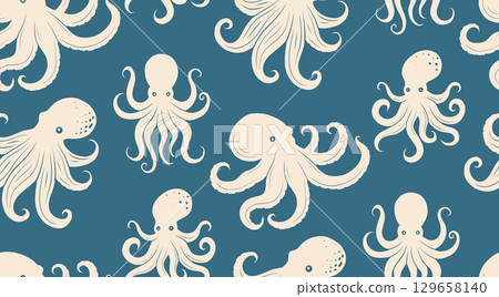 Vector seamless pattern of white octopus silhouettes on a blue background. Bold retro style with repeating marine creatures. 129658140