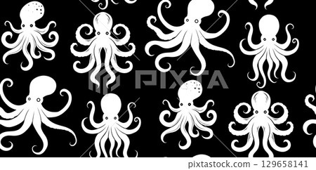 Vector seamless pattern of white octopus silhouettes on a black background. Bold contrast style with repeating shadows of marine creatures. Vector seamless pattern of white octopus silhouettes on a black background. Bold contrast style with repeating shadows of marine creatures. 129658141