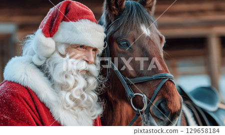 Santa Claus with a horse, symbol of 2026, sharing festive winter holiday spirit Santa Claus with a horse, symbol of 2026, sharing festive winter holiday spirit 129658184