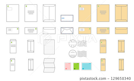 信封和郵件圖示集/白色信封、棕色信封、航空郵件、窗戶信封、大信封的正面和背面 129658340