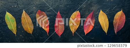 Autumn leaves banner. Skeleton leaves on a black texture. Fall panorama Autumn leaves banner. Skeleton leaves on a black texture. Fall panorama 129658379