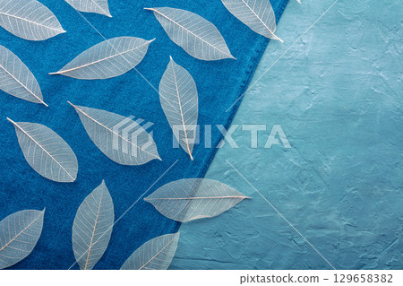 Autumn leaves background. Skeleton leaves on different textures, with copy space 129658382