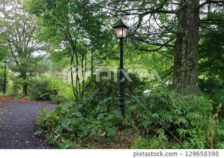 The paths around the lake and gardens of the Lake Garden in the Japanese resort town of Karuizawa in the Nagano Alps. The paths around the lake and gardens of the Lake Garden in the Japanese resort town of Karuizawa in the Nagano Alps. 129658398