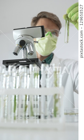 Man scientist wearing green protective gloves and mask is looking at green plant in test tube near a microscope, petri dishes during a laboratory research. Medicine, health care and science concept 129658527