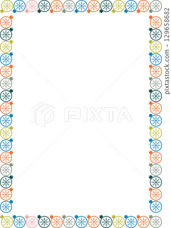 Christmas decoration frame. Festive greeting template with Christmas toy elements. Bright border 129658682