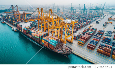 Shipping containers being loaded at logistic port. 129658694