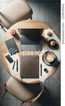 Business items on a round wooden table: laptop, smartphone, coffee cup and pen 129658842