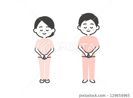 一男一女鞠躬姿勢的三頭插畫 一男一女鞠躬姿勢的三頭插畫 129658965