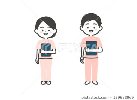 Three-dimensional illustration of a man and woman in Casey costume holding documents 129658969
