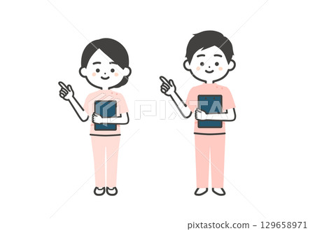 A three-dimensional illustration of a man and woman in Casey costume pointing at a document A three-dimensional illustration of a man and woman in Casey costume pointing at a document 129658971