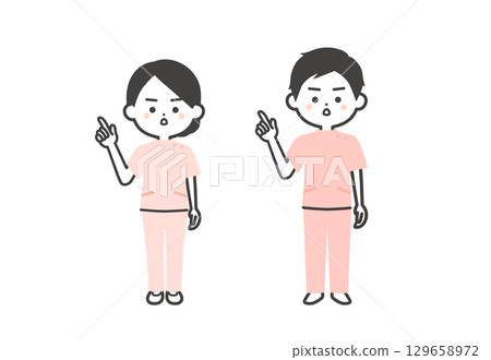 A three-dimensional illustration of a man and woman in Casey costume pointing with a serious expression A three-dimensional illustration of a man and woman in Casey costume pointing with a serious expression 129658972