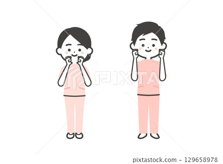 凱西姿勢的一名男子和一名女子用雙手握拳的立體插圖 129658978