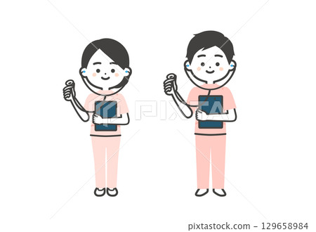 身穿凱西服裝的男子和女子手持聽診器的三維插圖 129658984
