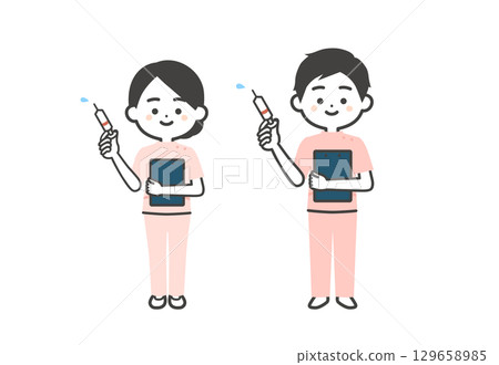 身穿凱西服裝的男子和女子手持注射器的三維插圖 身穿凱西服裝的男子和女子手持注射器的三維插圖 129658985